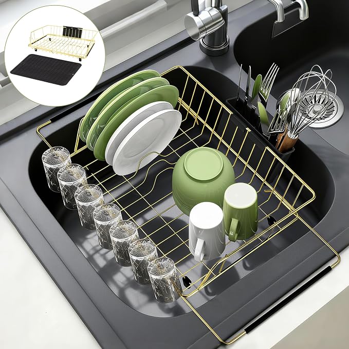 Golden Expandable Dish Drying Rack-Extra Large Stainless Steel Dish Drainer Over The Sink for Kitchen Countertop with Utensil Holder, Applicable for Sink Width 16'-22' (Gold,23.2'*12.2')