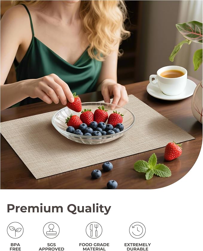 Leetaltree Beige Placemats Set of 8 - Heat Resistant Non-Slip Place mats for Dining Table, Washable Durable PVC Vinyl Woven Table Mats（Beige, 8）