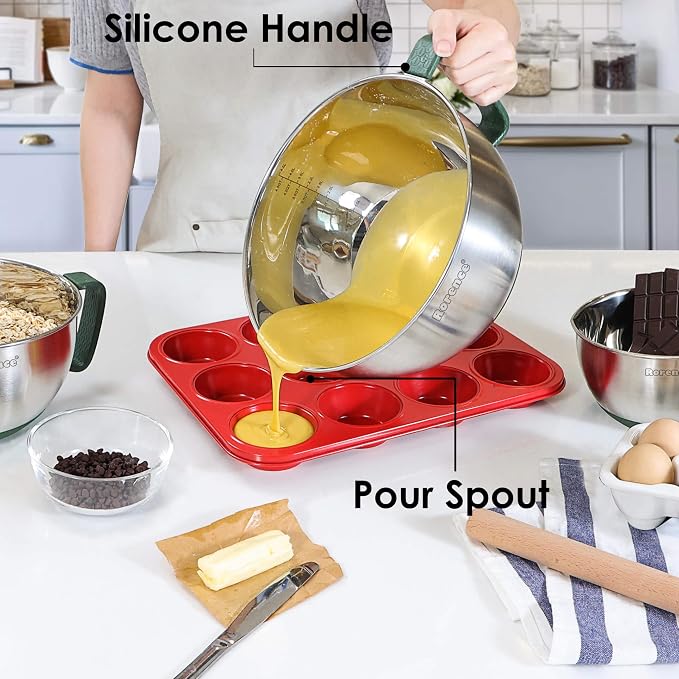 Stainless Steel Mixing Bowls Set with Lids,1.5,3 & 5 Qt,Green | Non-Slip Silicone Base,Precision Pour Spout,Ergonomic Easy-Grip Handle,Measurement Marks,Airtight Lids,Cooking & Meal Prep