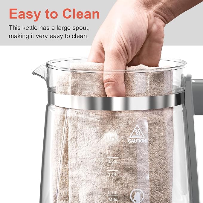 1200w Electric Kettle, 1.5L Borosilicate Glass tea kettle, Hot water kettle electric for Coffee or Tea, BPA Free, Auto Shut-Off, Stainless Steel, Fast Boil, White