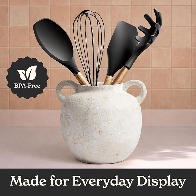 Country Kitchen Non Stick Silicone Utensil Set with Rounded Wood Handles for Cooking and Baking, 8 Piece Set, Black