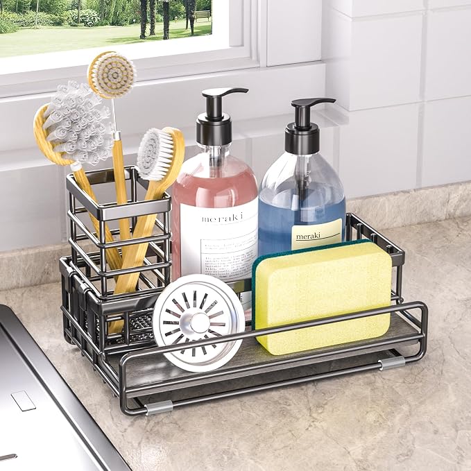 Large Family-Sized Sponge Holder for Kitchen Sink Organizer (Black) | Sink Caddy with Instant Drying Stone, Stainless Steel Sponge Holder for Sponges, Scrubbers, Soap, Home Countertop Organizer
