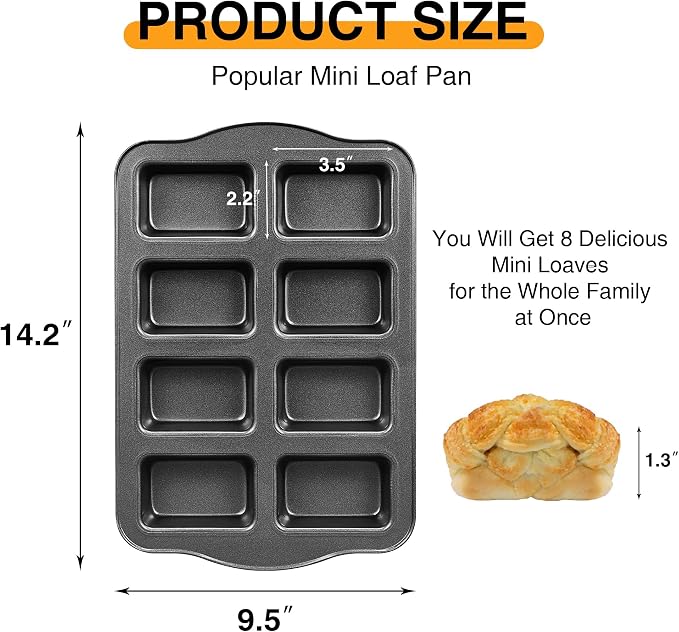 Mini Loaf Baking Pans, Nonstick Small Cornbread Pan, Tiny Banana Bread Pan, Heavy Duty Carbon Steel Brownie Tin, 8-Cavity, Dark Grey