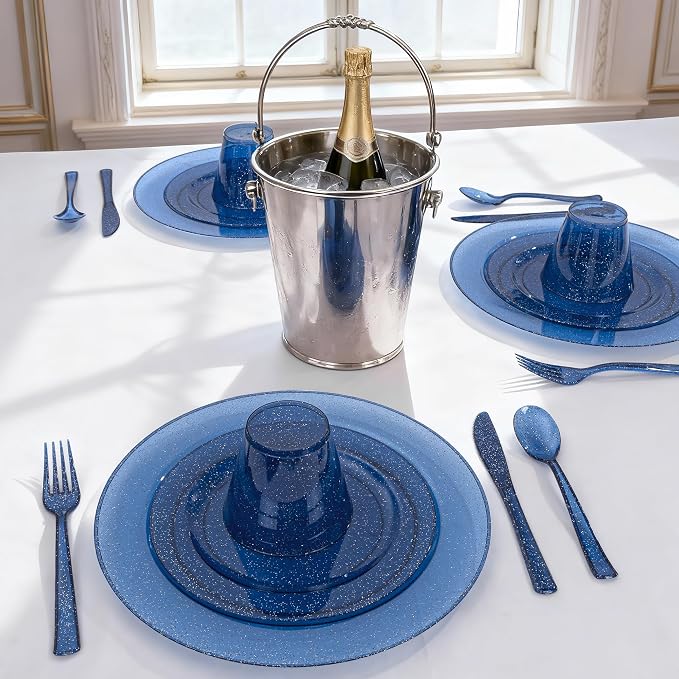 DaYammi 350 Pieces Cobalt Blue Glitter Dinnerware Set 50 Guest for Party- 50 Dinner Plates, 50 Dessert Plates -50 Per Rolled Napkins with Blue Cutlery - 50 Disposable Cups 9 OZ