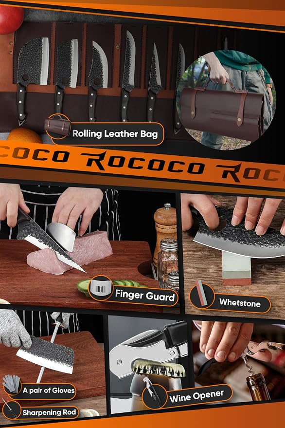 ROCOCO Butcher Cleaver Knife Set - 13PCS Serbian Chef Viking Boning Knife | Meat Cutting Knives with Roll Bag for Kitchen Outdoor BBQ Camping Birthday Christmas Father Mother Gift Idea Men
