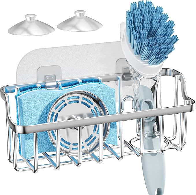 Consumest Sponge Holder Sink Caddy - Ladder Shaped Sponge Holder for Kitchen Sink with 2 Installation Ways (Suction Cups & Adhesive Hook), Rustproof Stainless Steel Kitchen Organizer, Silver