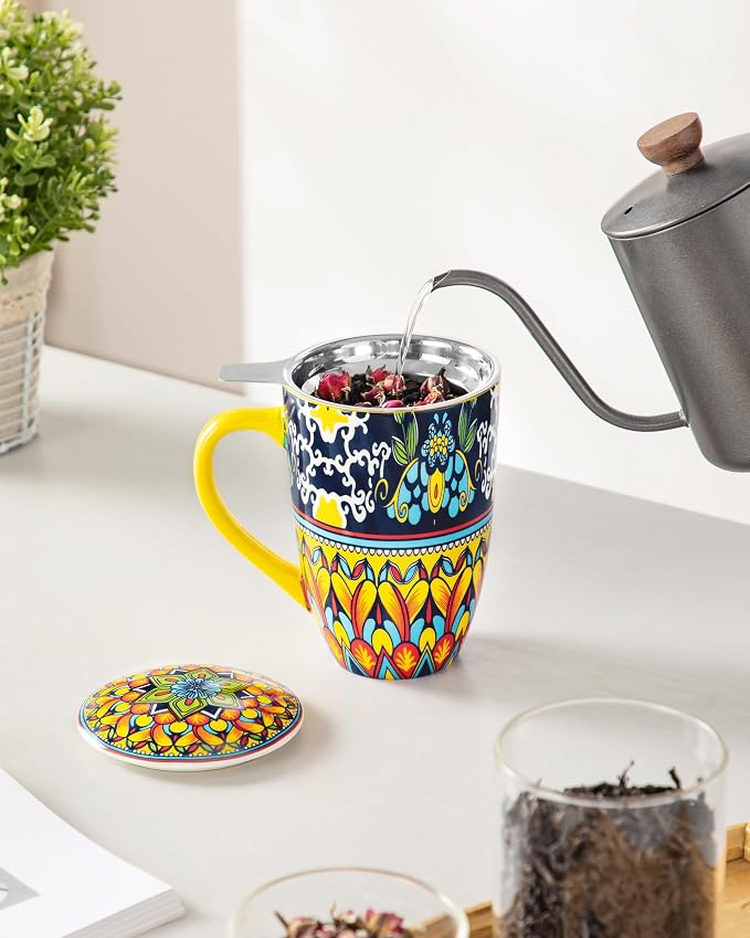 vancasso 18 Oz Tea Infuser Mug with Lid, Golden Lotus Mirage | Eye-Catching Bohemian Pattern, Adds Charm to Any Tea Corner, Ceramic Mug with Infuser, Microwave and Dishwasher Safe