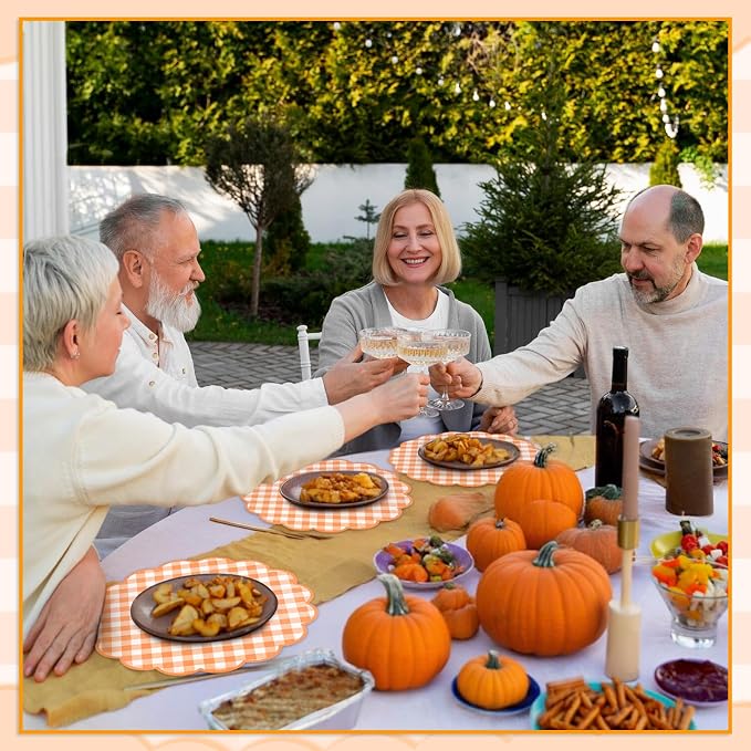 60 Pcs Orange and White Gingham Paper Placemats, Disposable Fall Placemat | 13.5 Inch Scalloped Checkered Place Mats Table Decorative for Picnic Table Setting BBQ Birthday Banquet Outdoors Party