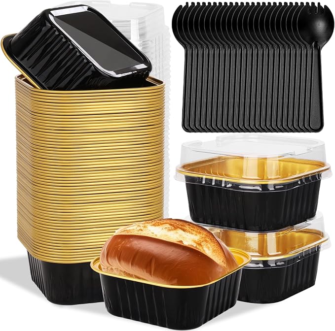 selizo 60 Pack 10oz Mini Disposable Cake Pans with Lids, Aluminum Foil Square Baking Cups, 4.4x4.4 Large Baking Cake Tins Cup Cake Containers with Lids for Individual Cakes, Black
