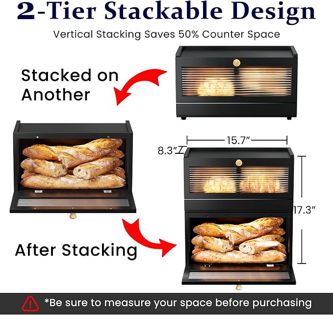 Stackable Bread Box for Kitchen Countertop, 2 Tier Bamboo Bread Storage Container Holder Bin for Baked Goods Snacks Farmhouse Breadbox with Acrylic Window for Pantry Cabinet Cupboard, Black