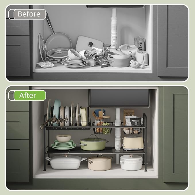 Expandable Under Sink Organizer，Pot and pan Organizer Under Cabinet | Pan Lid Organizer,Expandable Storage shelf with Pan Rack（7 Dividers）,2 Baskets and 4 Panels,Adjustable partition height
