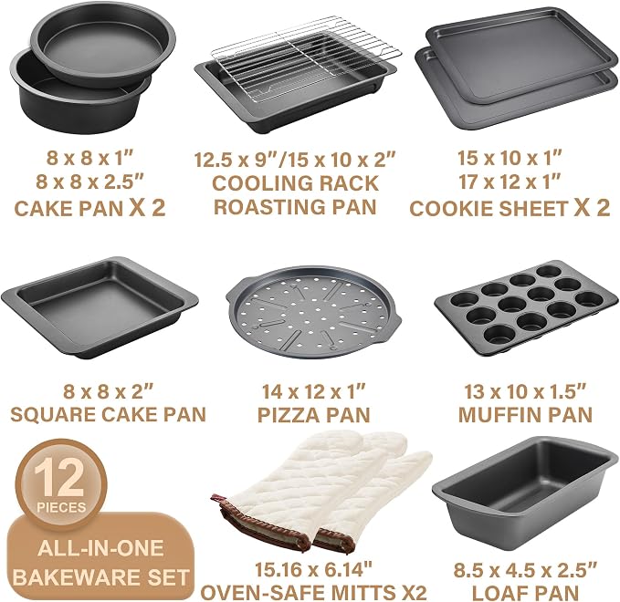 Bakeware Sets, Baking Pans Set with Kitchen Oven Mitts, Nonstick Oven Pan for Kitchen with Wider Grips, 12-Piece Including Rack, Cookie Sheet, Cake Pans, Loaf Pan, Muffin Pizza Pan