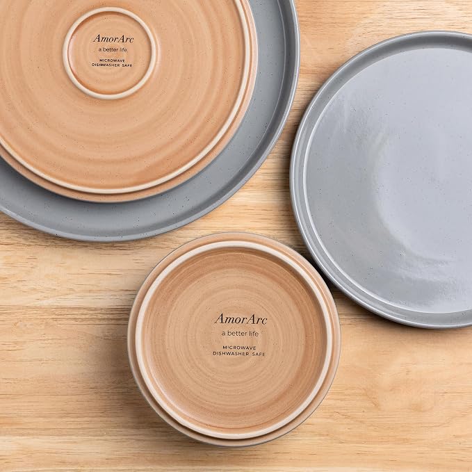 AmorArc Stoneware Dinnerware Sets for 6,18 Pcs Plates and Bowls Set | Handmade Ceramic Dish Set,Dishwasher & Microwave Safe,Scratch Resistant-Gray