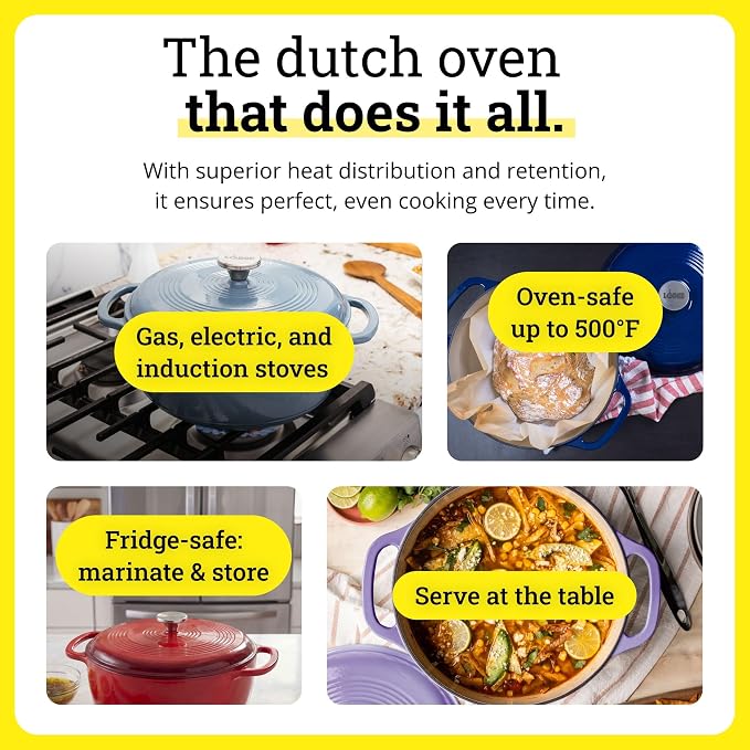 Lodge Essential Enamel Cast Iron Dutch Oven 6 Quarts - Perfect for Bread Baking, Braising, Marinating & Slow Cooking, Features Moisture-Sealing Lid & Dual Handles, Kitchen Essentials, Burnt Sienna