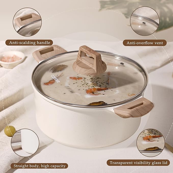 CAROTE Nonstick Stock Pot with Lid, 6 Quart White Granite | Kitchen Cooker Compatible with All Stoves, Dishwasher Safe, Cookware for Boiling, Simmer, PFOA Free