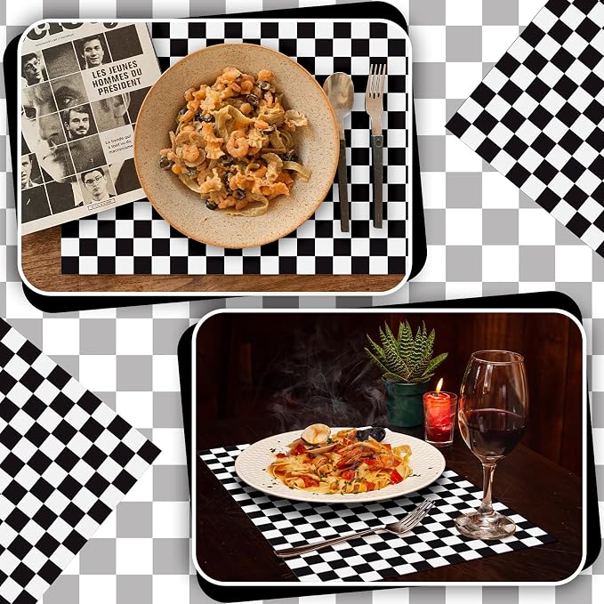 100 Pcs Checkered Paper Placemats Birthday Party Supplies Disposable Placemats for Kids Baby Shower Men Party Decorations Favors 11 x 17 Inch(Black, White)