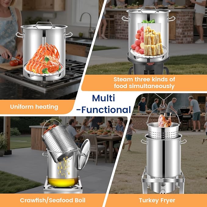 ARC 32QT Stainless Steel Stock pot 6-Piece For Seafood Boil Pot with Basket | Turkey Fryer Pot with Strainer-Steamer Rack-Divider-Lift Hook-Tube-Cookware for Crawfish Crab Shrimp Lobster Boiling, Tamale