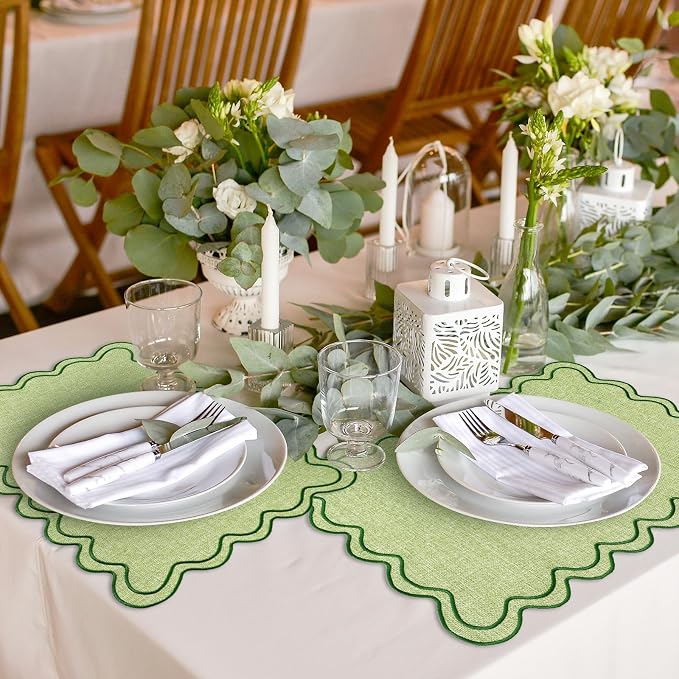 Whaline Sage Green Placemats Embroidered Scalloped Boho Kitchen Place Mats for Wedding Bridal Baby Shower Jungle Theme Party Home Dining Table Decor, Set of 6, 13 x 19 in