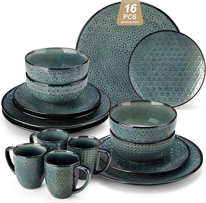MALACASA 16 Pieces Dinnerware Sets, Farmhouse Plates and Bowls Sets, Embossed Green Dish Set for 4, Vintage Relief Ceramic Dish Set with Mugs, Microwave and Dishwasher Safe, Series LYDIA
