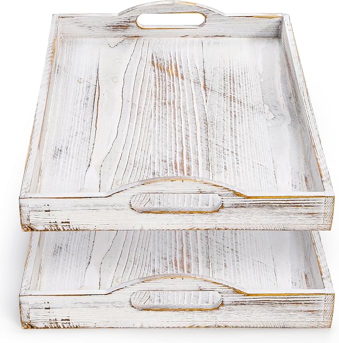 2 Pack Wood Serving Tray, 16.5" Ottoman Wooden Trays for Coffee Table, Farmhouse Vintage Decorative Tray Platter with Cutout Handle for Eating, Breakfast, Rectangle, 16.5" L x 11" W