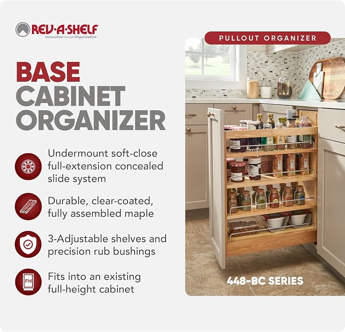 Rev-A-Shelf Maple Pullout Organizer w/ BLUM Soft-Close for Base Cabinets, Full Extension Slides & Adjustable Shelves, Min Opening Width of 11.5", 448-BCSC-11C
