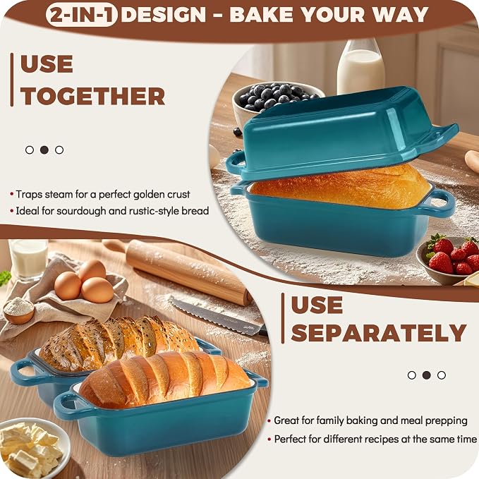 Cast Iron Loaf Pan with Lid, 9x5 Loaf Pans for Homemade Bread | Cast Iron Bread Pan for Sourdough Baking, 9x5 Loaf Pan with 2-In-1 Design, Even Heat Distribution, Teal Enameled