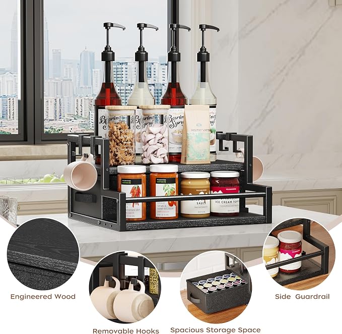 Homeiju Coffee Syrup Organizer Rack, 2-Tier Bottle Coffee Bar Accessories | Holder Stand with K Cup Storage Drawer for Coffee bar, Wine Rack , Storage Shelves for Syrup. (Black)