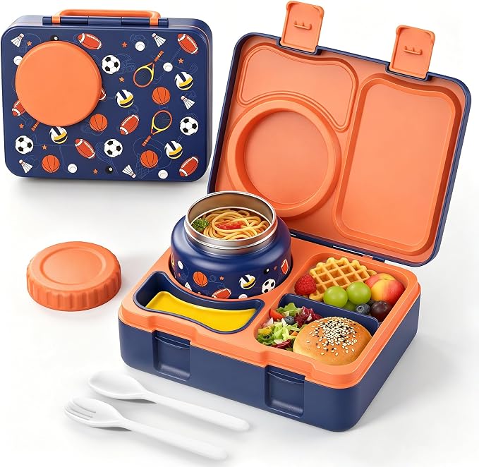 Kids Insulated Lunch Box with 8OZ Thermo Food Jar | Leakproof Bento Box with Ice Pack Sauce Cup Utensils Removable Tray & Dividers for School Daycare Travel, Sports