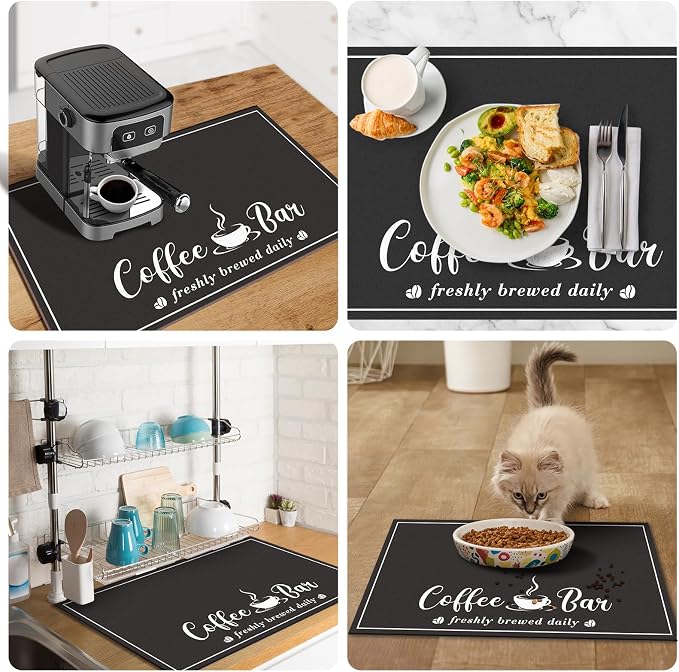 CooRug Fashion Coffee Mat, Dish Drying Mat 17" x 32" Black | Hide Stain, Absorbent, Coffee Bar Accessories, Heat Resistant, Non-slip, Eco-friendly, Easy to Clean