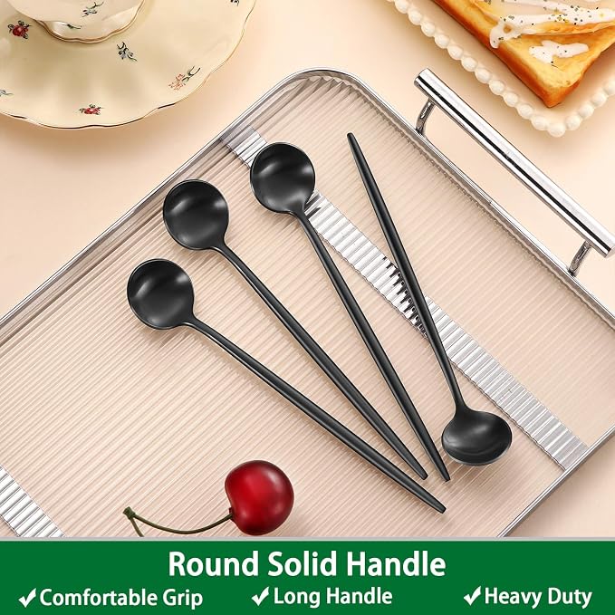 7.95 Inch Matte Black Iced Tea Spoons,4 PCs Sturdy Long Spoon For Stirring Coffee,Cocktail,Milk,Dessert,SS18/10 Satin Black Long Handle Iced Teaspoons For Mixing