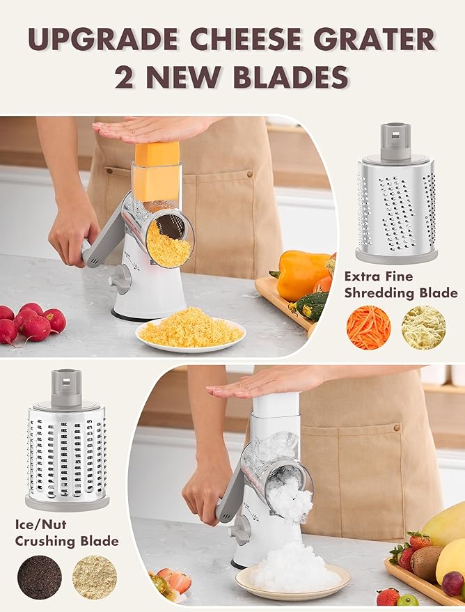 GDL Cheese Grater Hand Crank, Rotary Cheese shredder, Vegetable Slicer | 5 Stainless Steel Blades, 12x Fast Cutting, Non-slip Suction Base, No BPA, Dishwasher Safe, Easy Use for Cheese, Veggies, Nut
