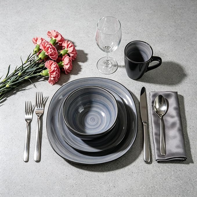 HomeVss, Stoneware Square 16pc Dinnerware Set, Inside Spinwash Swirl Grey + Outside Black