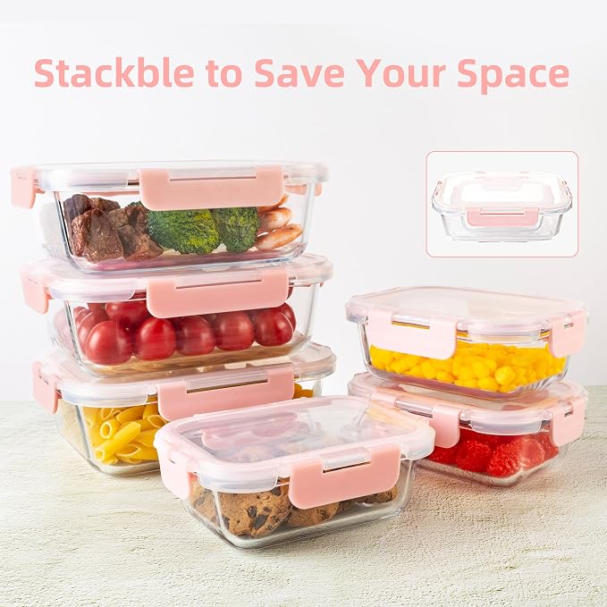 16Pack Glass Meal Prep Containers 8 Bowls with 8 Airtight Pink Lids 2 Sizes | Borosilicate glass food storage set for lunch, leftovers & portion control — microwave/freezer/dishwasher safe, leak-proof