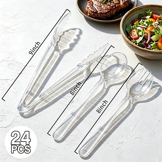24 Pcs Transparent Plastic Serving Utensils Set - Heavy Duty Disposable Serving Spoons, Forks & Tongs (8 of Each) - BPA-Free Catering Supplies for Buffets, Parties, Weddings & Events