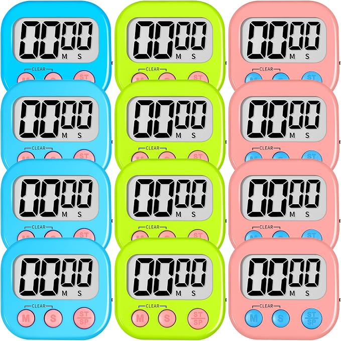 ZILLEEN Digital Kitchen Classroom Timers for Kids Cooking 12pcs Blu Grn Pk | Strong Magnetic, Large Screen, Big Button, Count Up/Down, Loud Alarm, Teacher Classroom Must Haves Supplies