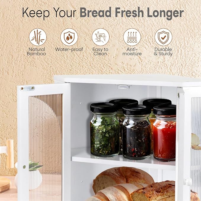 Corner Bread Box for Kitchen Countertop,Double Layer Bread Holder | 3 Adjustable Height, Large Capacity, Magnetic Acrylic Door, Bamboo Bread Storage Container for Homemade Bread, White