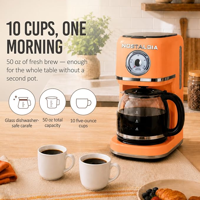 Nostalgia Classic Retro 10 Cup Coffee Maker - One-Touch Drip Brew, Reusable Filter - Anti-Drip, Auto Shutoff, & Time Display - Dishwasher Safe 50 oz Carafe - Orange