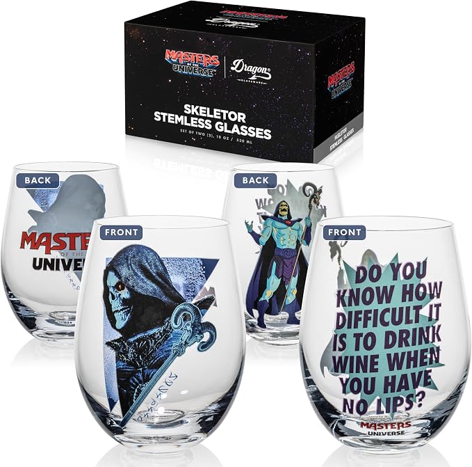 Dragon Glassware x Masters of the Universe Skeletor Wine Glasses, 18 oz | Stemless Wine Glasses Set of 2; MOTU Wine Glass Tumblers; Official Masters of the Universe 2026 Movie Merch