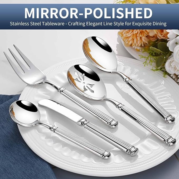 65-Piece Heavy Duty Silverware Set for 12, 18/10 Stainless Steel Forged Flatware Set, Flatware Set with Serving Utensil, Extra Thick Heavy Weight, Ideal for Gift