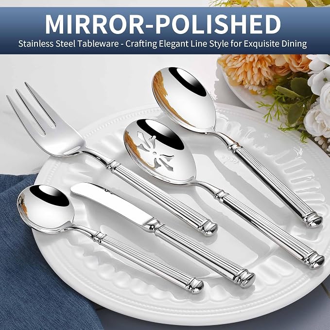 45-Piece 18/10 Heavy Duty Flatware Set for 8, High End Thick Handle Silverware Set, Stainless Steel Flatware Set with Serving Utensil, Extra Thick Heavy Weight, Ideal for Gift