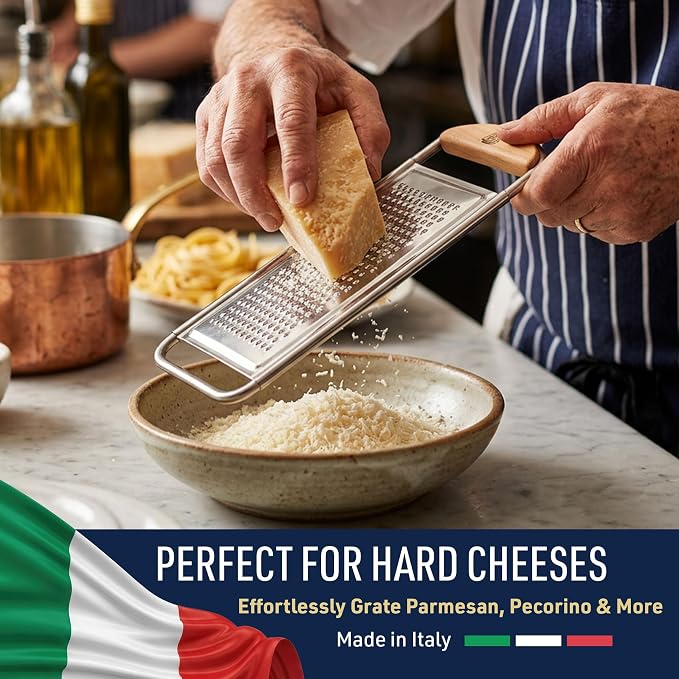 Kings County Tools Cheese Grater Handheld, Italian Made Kitchen Gadgets | Stainless Steel Flat Food Grater with Cherrywood Handle - Fine Shredder Kitchen for Hard Cheese, Spices, and Zesting
