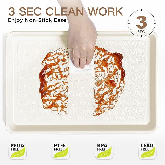 Ceramic Coated Baking Sheet Pan Set of 3 with Floral Texture | Nonstick Aluminized Steel Cookie Sheets, Half, Quarter and Jelly Roll Pans, Shallow Oven Trays, 0.8mm Thick