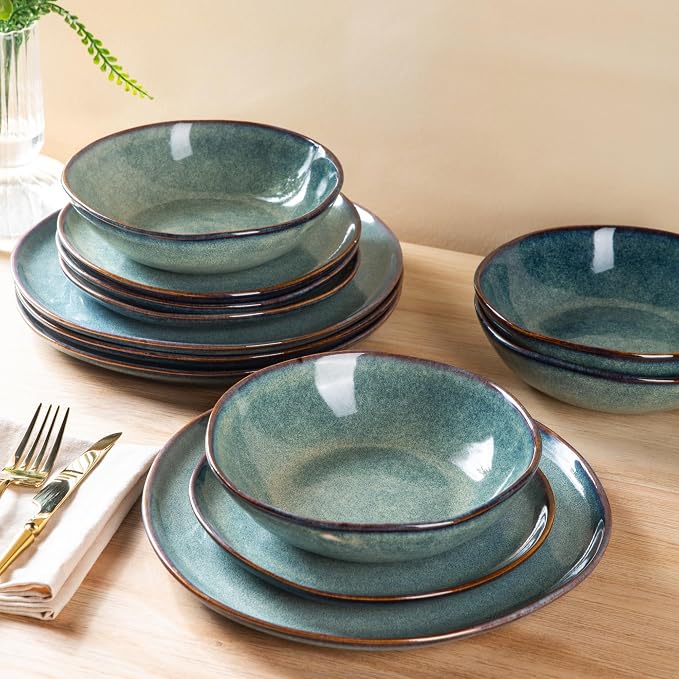 AmorArc Ceramic Dinnerware Sets for 4, 12Pcs Plates and Bowls Sets Dishes | Stoneware Handmade Reactive Glaze Dinner Set, Highly Scratch Resistant | Dishwasher & Microwave Safe Dishware