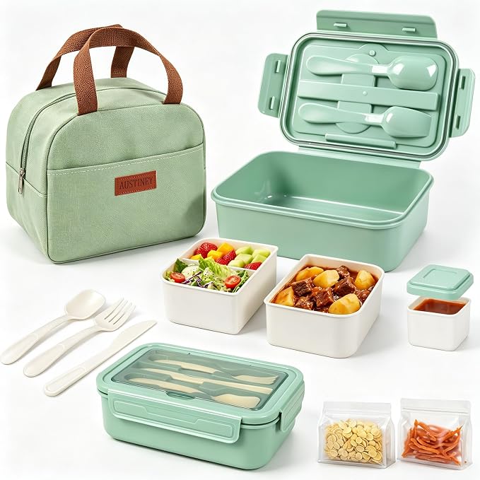 Bento Box 1100ml Lunch Container with Bag & Utensils & 2 Storage Bags Green | Leakproof, microwave safe, BPA-free. Includes insulated bag, fork & spoon, sauce cup, and 2 reusable storage bags for snacks