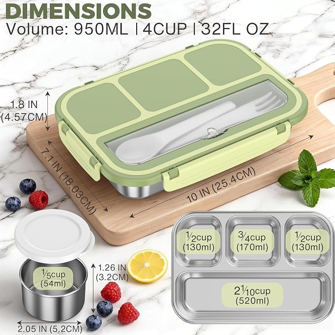 Stainless Steel Bento Box Adult Kids, Leakproof Metal Lunch Box Containers 4 Compartments, 32 Oz Reusable Food Storage Containers for Office and School, Green
