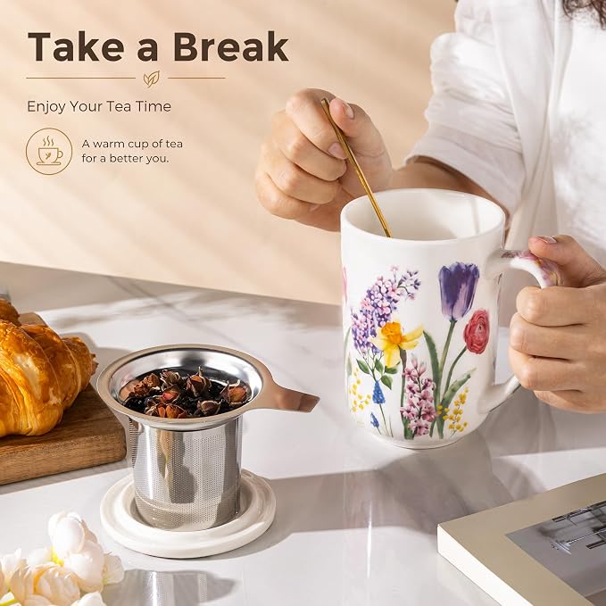 GBhome Tea Mug with Infuser and Lid,18 Ounce Ceramic Loose Leaf Cup Steeper | Lead-Free Glaze For Tea Lovers,Microwave & Dishwasher Safe with Tea Strainer