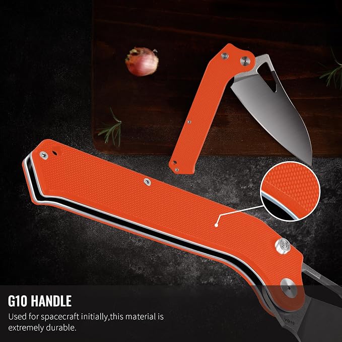 Folding Kitchen Chef Knife, 4.4" Foldable Camping Knife with 10cr15mov Stainless Steel Blade, Anti-skidding and Ergonomic Designed G10 Handle for both Indoor and Outdoor Cooking