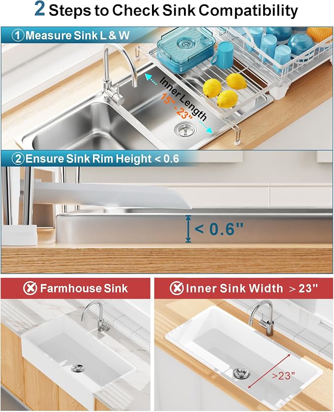 Large Expandable 2 Tier Dish Drying Rack - Over Sink & Counter Use | Extendable Drying Space, Auto-Drain Spout, Stable Screw-Fixed Frame, Cup & Utensil Holder, Rust-Resistant Kitchen Rack, White