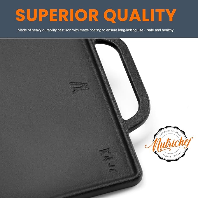 GGC Cast Iron Reversible Griddle | Double-sided Griddle Pan for Stove Tops and Gas Grills, 17"x 9" Rectangle Griddle Plate with Flat and Ribbed Side for Cooking