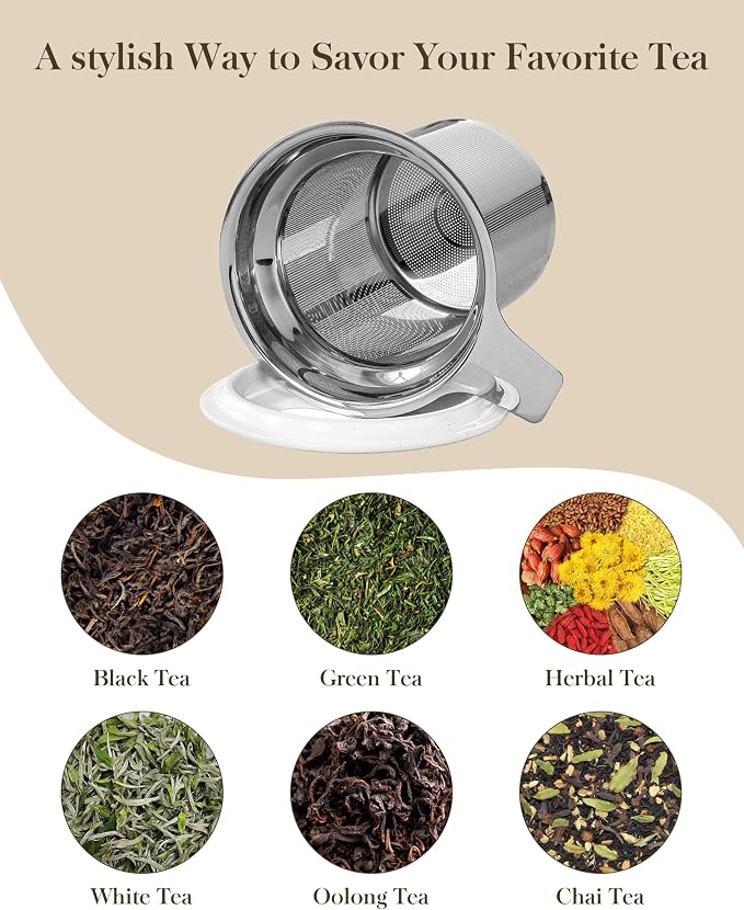 MALACASA Ceramic Tea Mug with Lid and Stainless Steel Infuser, 18 oz Large Tea Cup for Loose Leaf Tea, Heat-Resistant, Microwave & Dishwasher Safe, Speckled Glaze Coffee & Tea Brewer Mug, Khaki White